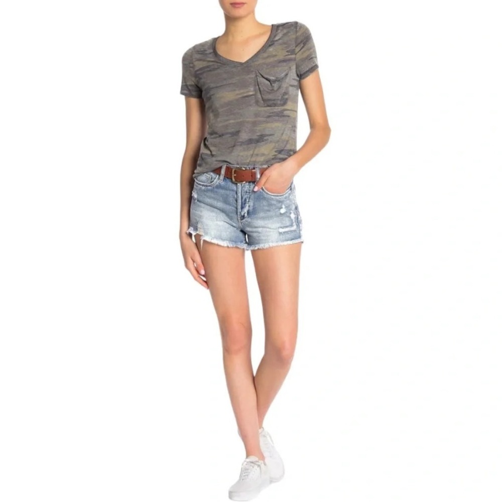 Blank NYC Shorts High-Rise Denim Distressed Button Fly Jeans Raw Hem Size 28